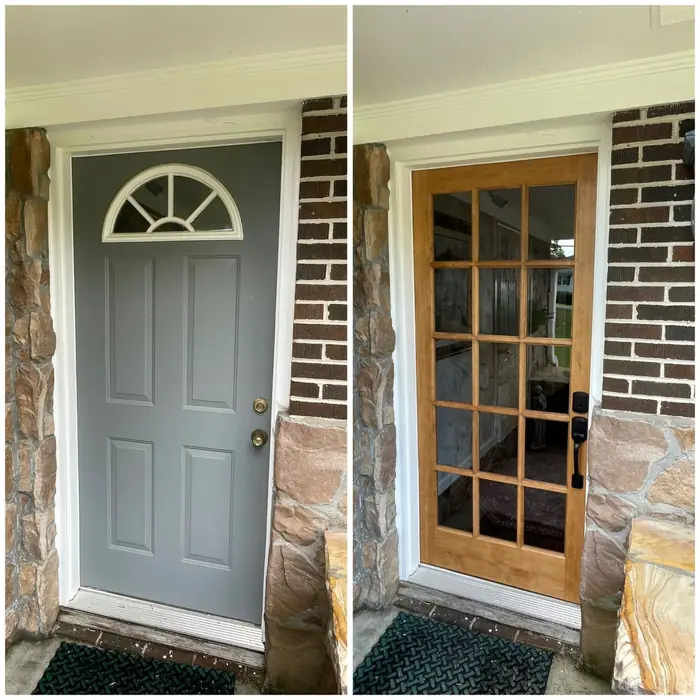 An exterior door replaced with a glazed panelled door in a brick and stone surround