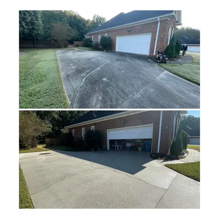 A concrete driveway before and after washing, the gray-green film gone and the concrete back to an even tone