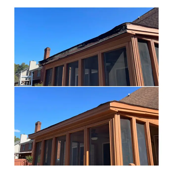 A screened porch after staining, wood posts and frames finished in a warm brown